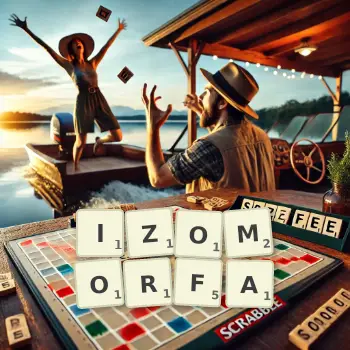 Kreatywna ilustracja do gry w Scrabble ze słowem IZOMORFA ułożonym z płytek na planszy.