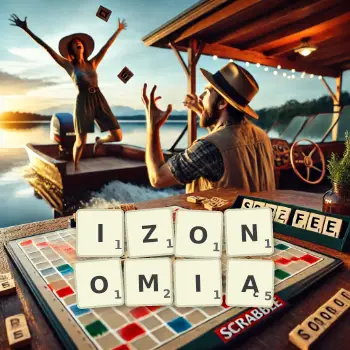 Kreatywna ilustracja do gry w Scrabble ze słowem IZONOMIĄ ułożonym z płytek na planszy.