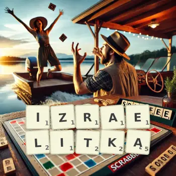 Kreatywna ilustracja do gry w Scrabble ze słowem IZRAELITKĄ ułożonym z płytek na planszy.