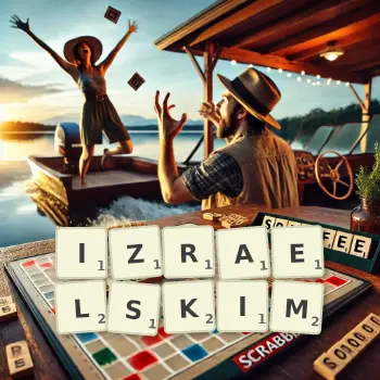 Kreatywna ilustracja do gry w Scrabble ze słowem IZRAELSKIM ułożonym z płytek na planszy.