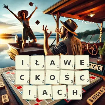 Kreatywna ilustracja do gry w Scrabble ze słowem IŁAWECKOŚCIACH ułożonym z płytek na planszy.