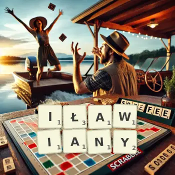 Kreatywna ilustracja do gry w Scrabble ze słowem IŁAWIANY ułożonym z płytek na planszy.