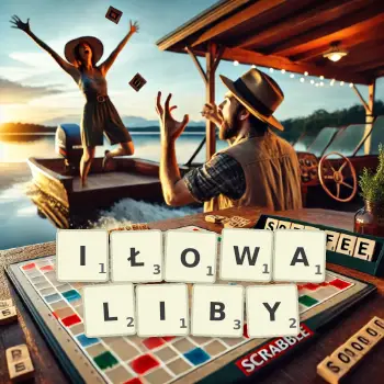Kreatywna ilustracja do gry w Scrabble ze słowem IŁOWALIBY ułożonym z płytek na planszy.