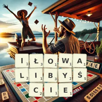 Kreatywna ilustracja do gry w Scrabble ze słowem IŁOWALIBYŚCIE ułożonym z płytek na planszy.