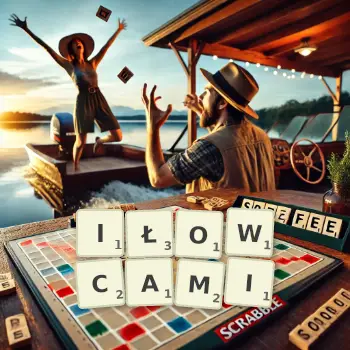 Kreatywna ilustracja do gry w Scrabble ze słowem IŁOWCAMI ułożonym z płytek na planszy.