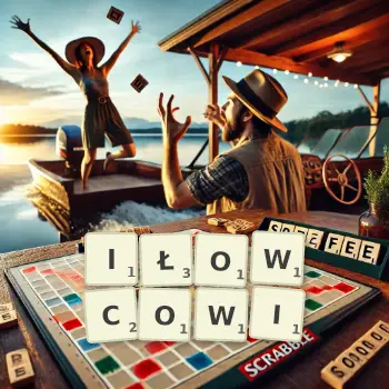 Kreatywna ilustracja do gry w Scrabble ze słowem IŁOWCOWI ułożonym z płytek na planszy.