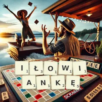 Kreatywna ilustracja do gry w Scrabble ze słowem IŁOWIANKĘ ułożonym z płytek na planszy.