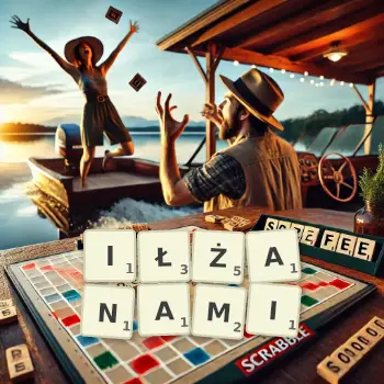 Kreatywna ilustracja do gry w Scrabble ze słowem IŁŻANAMI ułożonym z płytek na planszy.