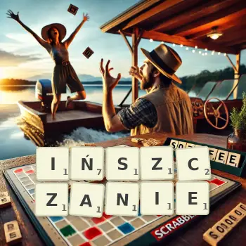 Kreatywna ilustracja do gry w Scrabble ze słowem IŃSZCZANIE ułożonym z płytek na planszy.