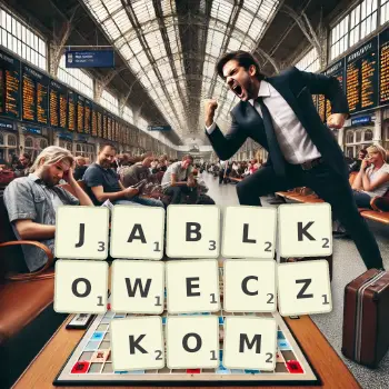 Kreatywna ilustracja do gry w Scrabble ze słowem JABLKOWECZKOM ułożonym z płytek na planszy.