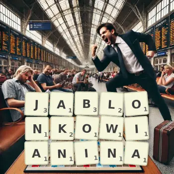 Kreatywna ilustracja do gry w Scrabble ze słowem JABLONKOWIANINA ułożonym z płytek na planszy.