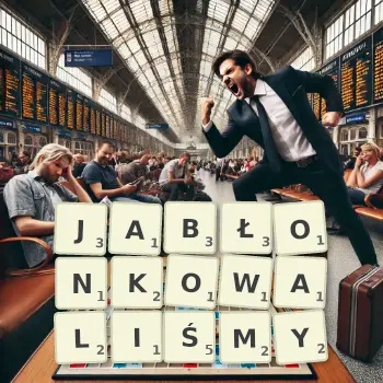 Kreatywna ilustracja do gry w Scrabble ze słowem JABŁONKOWALIŚMY ułożonym z płytek na planszy.