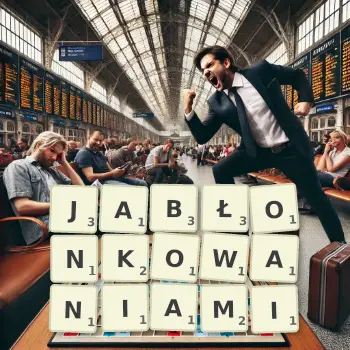 Kreatywna ilustracja do gry w Scrabble ze słowem JABŁONKOWANIAMI ułożonym z płytek na planszy.