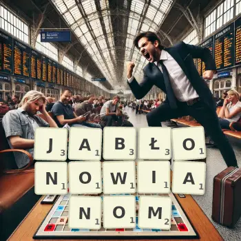 Kreatywna ilustracja do gry w Scrabble ze słowem JABŁONOWIANOM ułożonym z płytek na planszy.