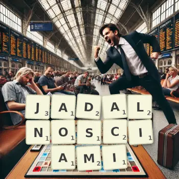 Kreatywna ilustracja do gry w Scrabble ze słowem JADALNOSCIAMI ułożonym z płytek na planszy.