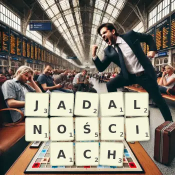 Kreatywna ilustracja do gry w Scrabble ze słowem JADALNOŚCIACH ułożonym z płytek na planszy.