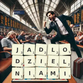 Kreatywna ilustracja do gry w Scrabble ze słowem JADLODZIELNIAMI ułożonym z płytek na planszy.