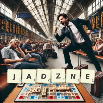 Kreatywna ilustracja do gry w Scrabble ze słowem JADZNE ułożonym z płytek na planszy.