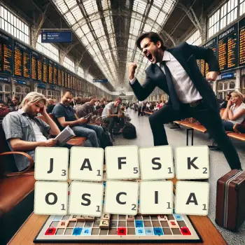 Kreatywna ilustracja do gry w Scrabble ze słowem JAFSKOSCIA ułożonym z płytek na planszy.