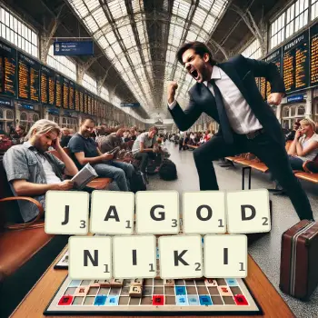 Kreatywna ilustracja do gry w Scrabble ze słowem JAGODNIKI ułożonym z płytek na planszy.