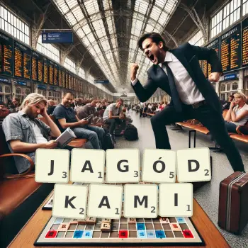 Kreatywna ilustracja do gry w Scrabble ze słowem JAGÓDKAMI ułożonym z płytek na planszy.
