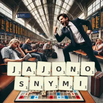 Kreatywna ilustracja do gry w Scrabble ze słowem JAJONOSNYMI ułożonym z płytek na planszy.