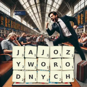 Kreatywna ilustracja do gry w Scrabble ze słowem JAJOZYWORODNYCH ułożonym z płytek na planszy.