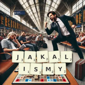 Kreatywna ilustracja do gry w Scrabble ze słowem JAKALISMY ułożonym z płytek na planszy.
