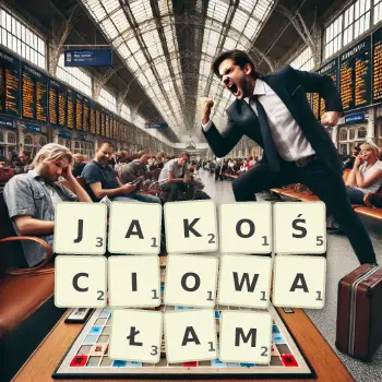 Kreatywna ilustracja do gry w Scrabble ze słowem JAKOŚCIOWAŁAM ułożonym z płytek na planszy.