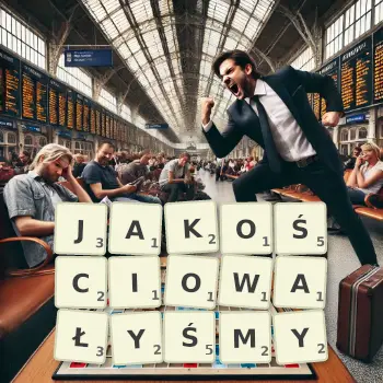 Kreatywna ilustracja do gry w Scrabble ze słowem JAKOŚCIOWAŁYŚMY ułożonym z płytek na planszy.