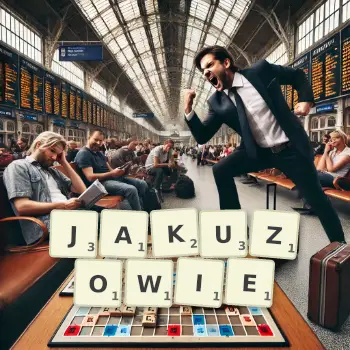 Kreatywna ilustracja do gry w Scrabble ze słowem JAKUZOWIE ułożonym z płytek na planszy.