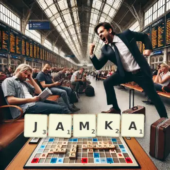 Kreatywna ilustracja do gry w Scrabble ze słowem JAMKA ułożonym z płytek na planszy.