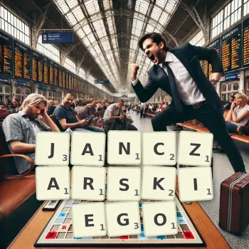 Kreatywna ilustracja do gry w Scrabble ze słowem JANCZARSKIEGO ułożonym z płytek na planszy.