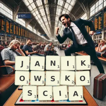 Kreatywna ilustracja do gry w Scrabble ze słowem JANIKOWSKOSCIA ułożonym z płytek na planszy.