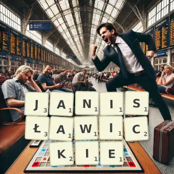 Kreatywna ilustracja do gry w Scrabble ze słowem JANISŁAWICKIE ułożonym z płytek na planszy.