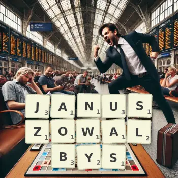 Kreatywna ilustracja do gry w Scrabble ze słowem JANUSZOWALBYS ułożonym z płytek na planszy.