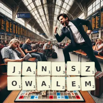 Kreatywna ilustracja do gry w Scrabble ze słowem JANUSZOWALEM ułożonym z płytek na planszy.