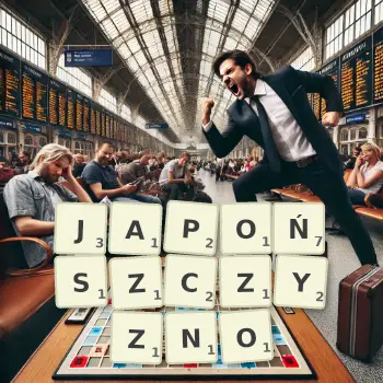 Kreatywna ilustracja do gry w Scrabble ze słowem JAPOŃSZCZYZNO ułożonym z płytek na planszy.