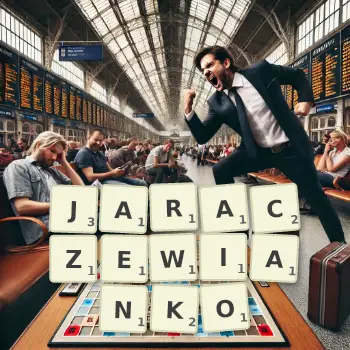 Kreatywna ilustracja do gry w Scrabble ze słowem JARACZEWIANKO ułożonym z płytek na planszy.