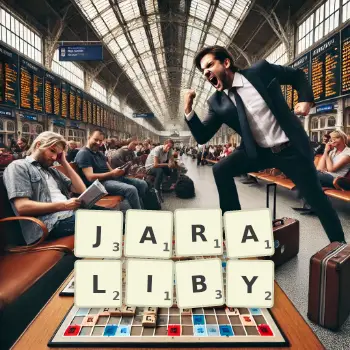 Kreatywna ilustracja do gry w Scrabble ze słowem JARALIBY ułożonym z płytek na planszy.