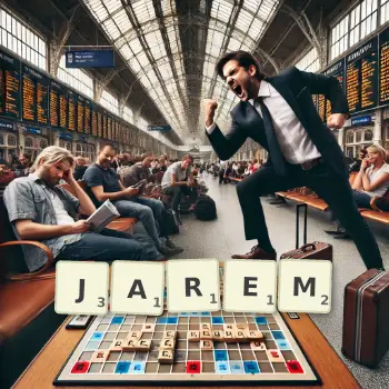 Kreatywna ilustracja do gry w Scrabble ze słowem JAREM ułożonym z płytek na planszy.