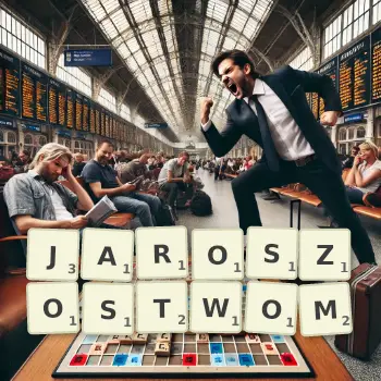 Kreatywna ilustracja do gry w Scrabble ze słowem JAROSZOSTWOM ułożonym z płytek na planszy.