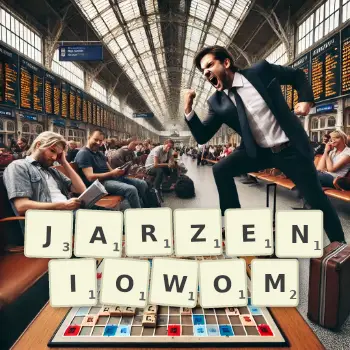 Kreatywna ilustracja do gry w Scrabble ze słowem JARZENIOWOM ułożonym z płytek na planszy.