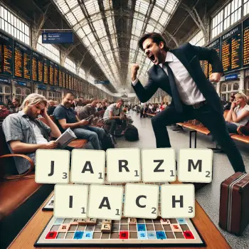 Kreatywna ilustracja do gry w Scrabble ze słowem JARZMIACH ułożonym z płytek na planszy.