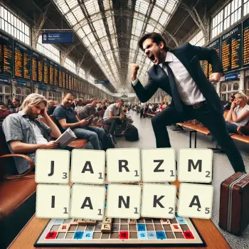 Kreatywna ilustracja do gry w Scrabble ze słowem JARZMIANKĄ ułożonym z płytek na planszy.