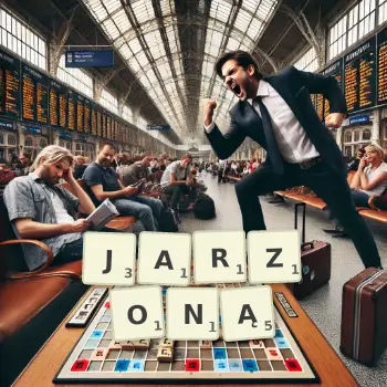 Kreatywna ilustracja do gry w Scrabble ze słowem JARZONĄ ułożonym z płytek na planszy.
