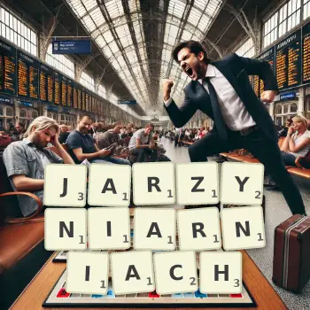 Kreatywna ilustracja do gry w Scrabble ze słowem JARZYNIARNIACH ułożonym z płytek na planszy.
