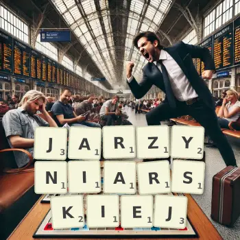 Kreatywna ilustracja do gry w Scrabble ze słowem JARZYNIARSKIEJ ułożonym z płytek na planszy.