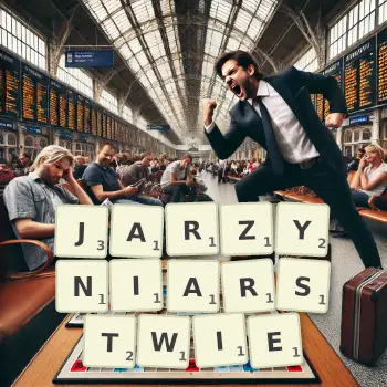 Kreatywna ilustracja do gry w Scrabble ze słowem JARZYNIARSTWIE ułożonym z płytek na planszy.