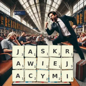 Kreatywna ilustracja do gry w Scrabble ze słowem JASKRAWIEJACYMI ułożonym z płytek na planszy.